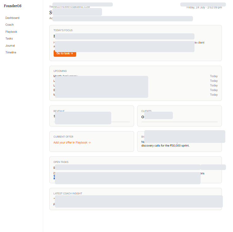 FounderOS dashboard interface showing sidebar navigation and section layout, business data hidden